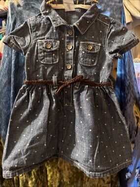 Carter's Denim Chambray Polka Dot Shirt Dress with Brown Braided Belt.